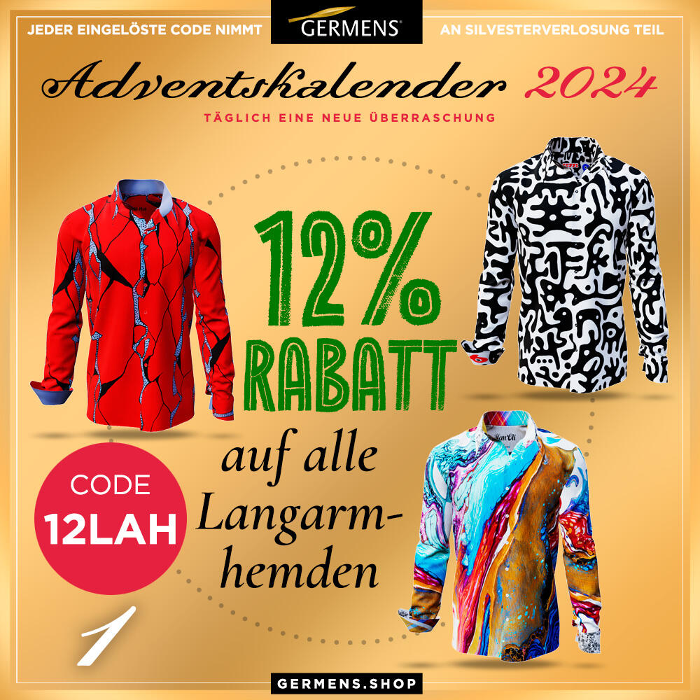 Adventskalender 2024 - Türchen 1. Dezember 2024 - 12 % Rabatt auf alle Langarmhemden von GERMENS artfashion