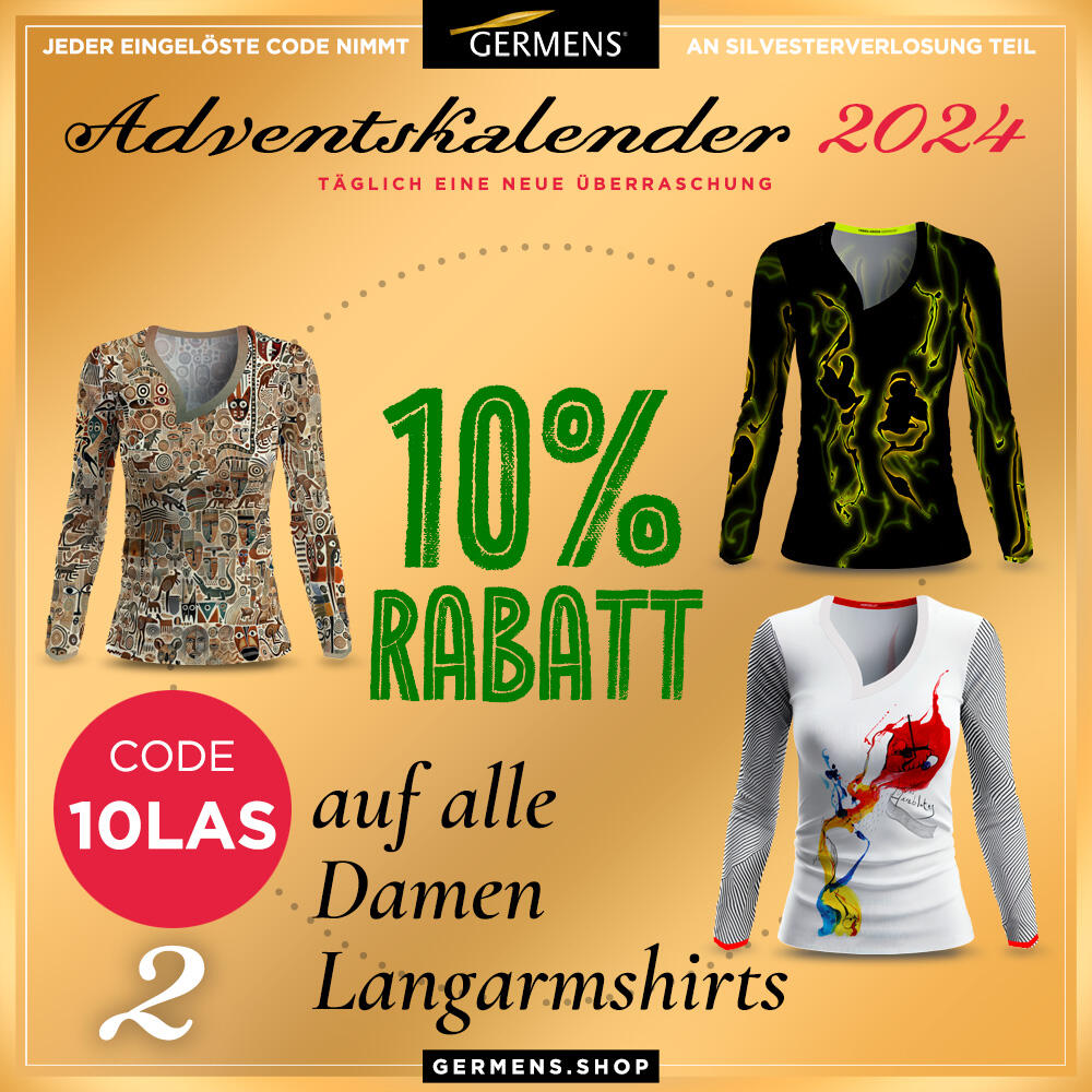 Adventskalender 2024 - Türchen 2. Dezember 2024 - 10 % Rabatt auf alle Damen Langarmshirts von GERMENS artfashion