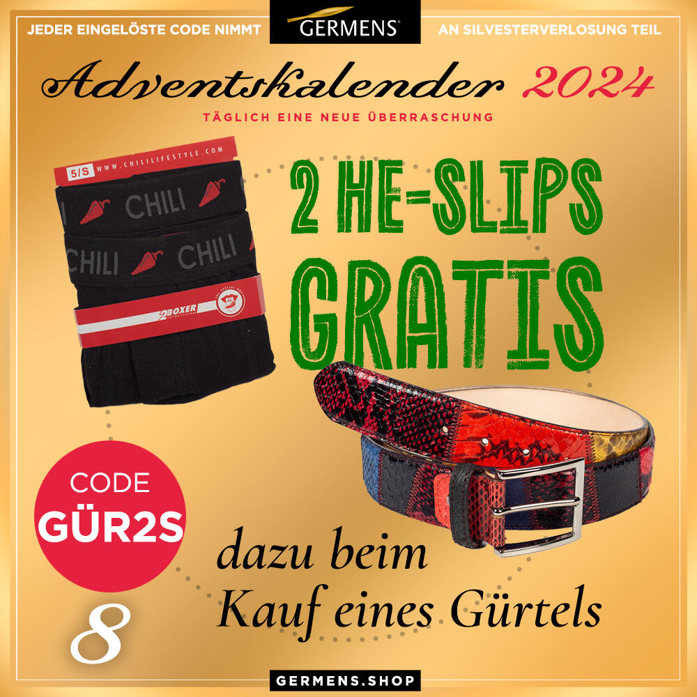 Adventskalender 2024 - Türchen 8. Dezember 2024 - 2 Herrenslips gratis beim Kauf eines Herren Gürtels