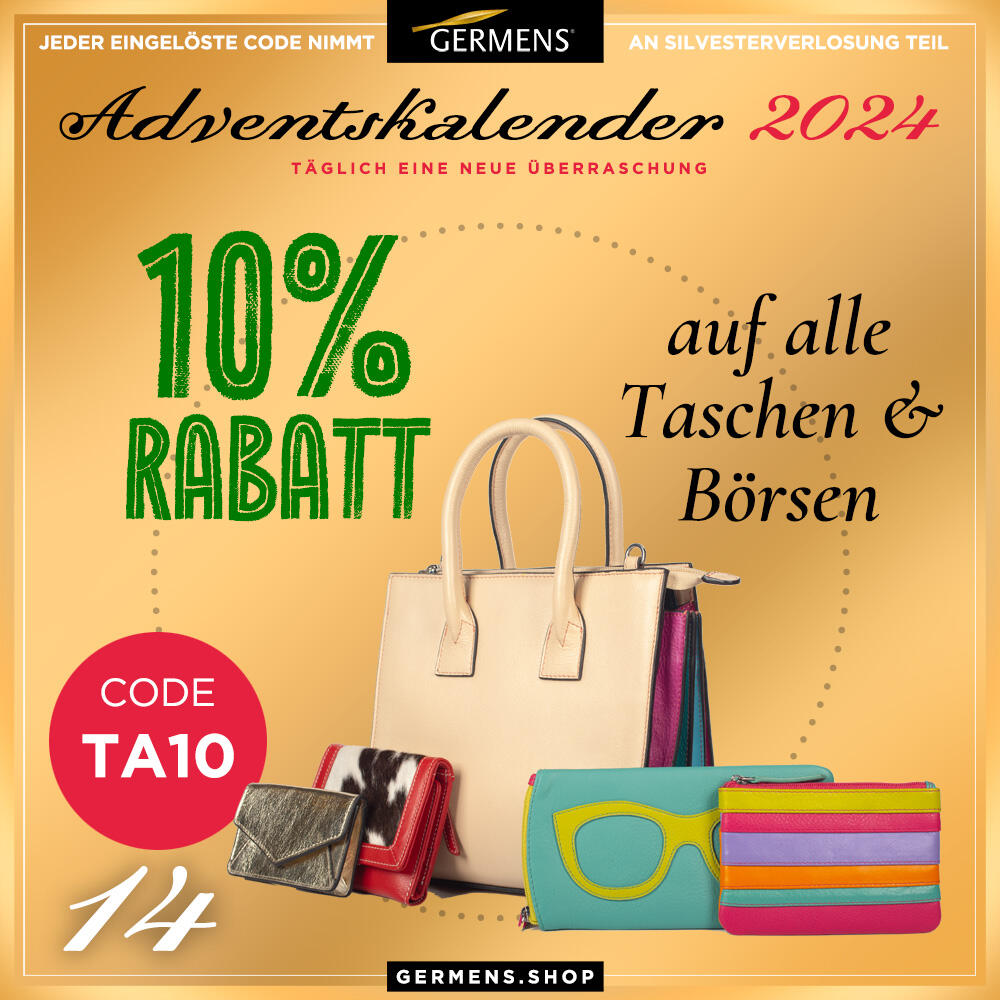 Adventskalender 2024 - Türchen 14. Dezember 2024 - 10 % Rabatt auf alle Taschen, Geldbörsen und Brillenetuis