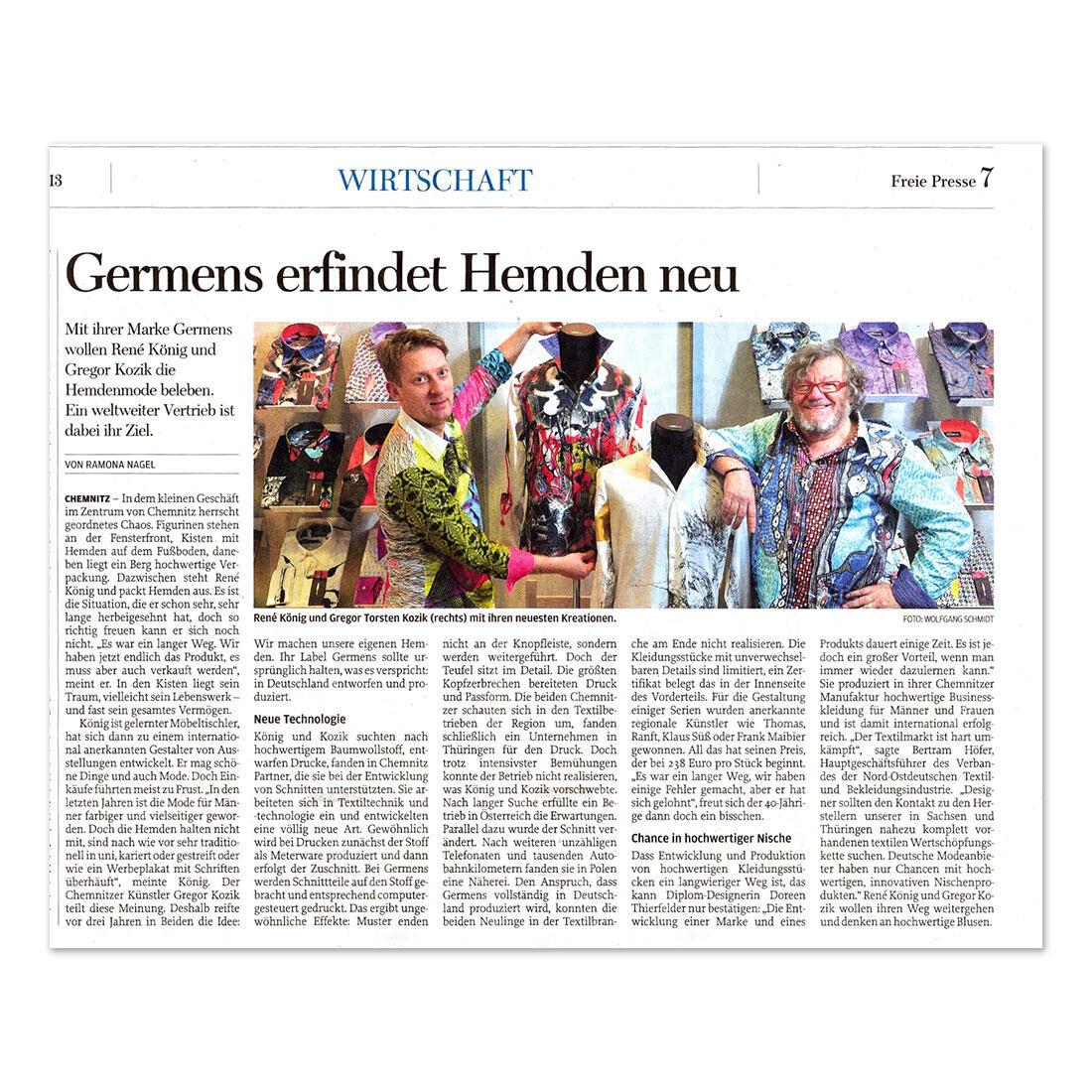 Freie Presse berichtet über GERMENS artfashion - 27. Dezember 2013