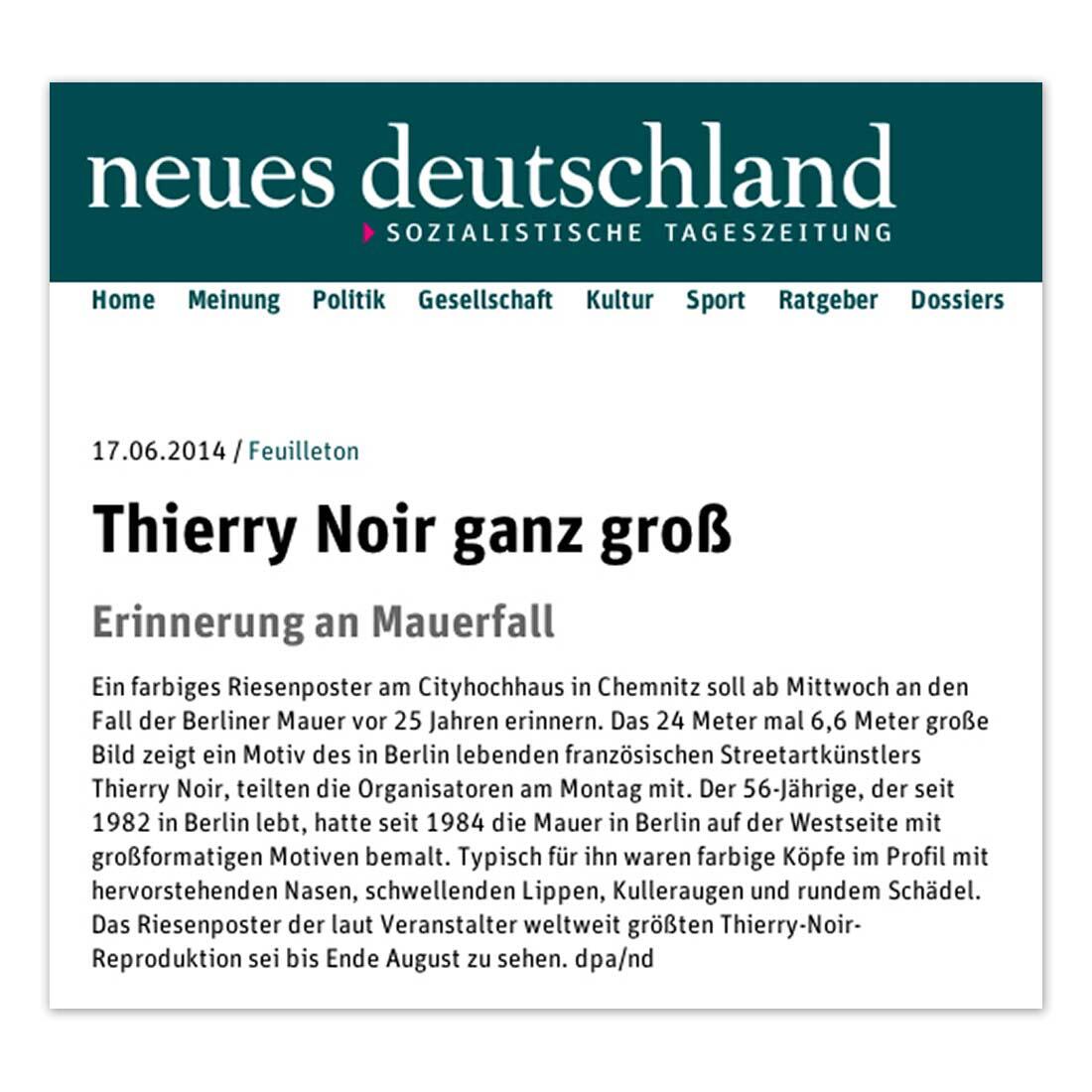 Neues Deutschland Online berichtet über Thierry Noir Riesenposter - 17. Juni 2014