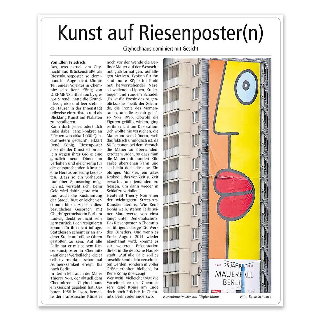 Wochenspiegel Chemnitz berichtet über Thierry Noir Riesenposter und GERMENS - 25. Juni 2014