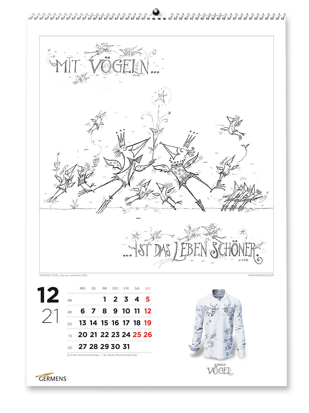 GERMENS art calendar - Dezember 2021 - Langarmhemd SCHRÄGE VÖGEL AM TAG