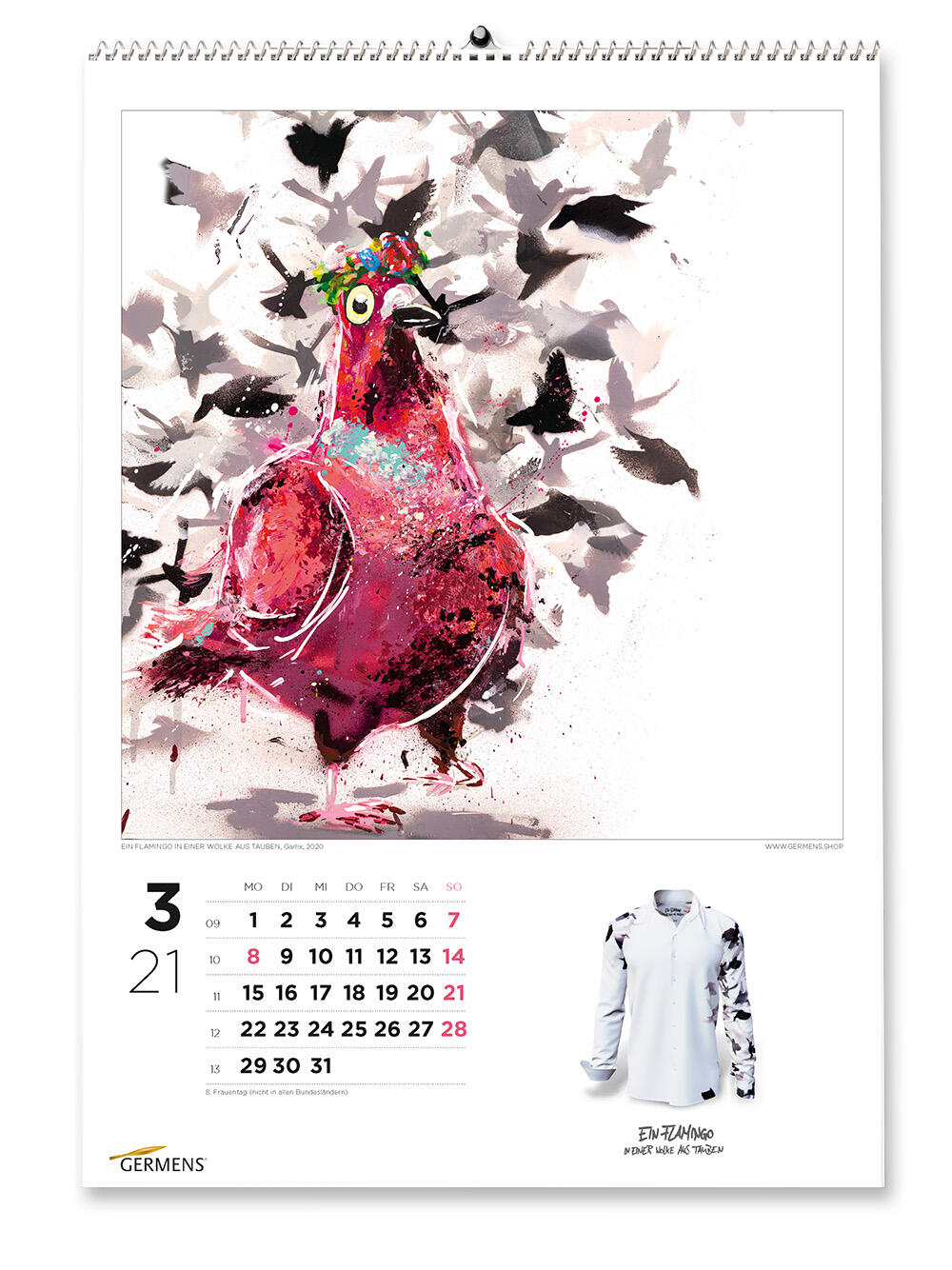 GERMENS art calendar - März 2021 - Langarmhemd EIN FLAMINGO IN EINER WOLKE AUS TAUBEN