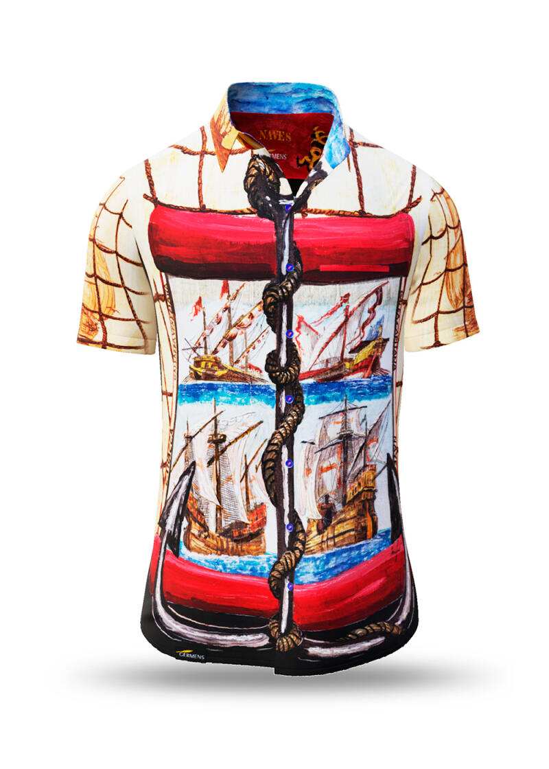 buntes Sommerhemd Herren NAVES von GERMENS artfashion mit Schiffen - 100 % Baumwolle - 10 Größen von XS-6XL