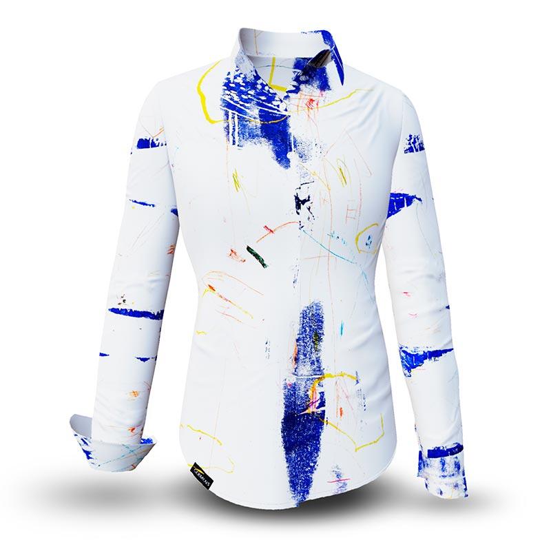 DRAGONFLY - white blouse with blue and yellow - GERMENS artfashion - 100 % cotton - very good fit - artist design - 99 pieces limited - 6 sizes from XS - XXL - Made in Germany