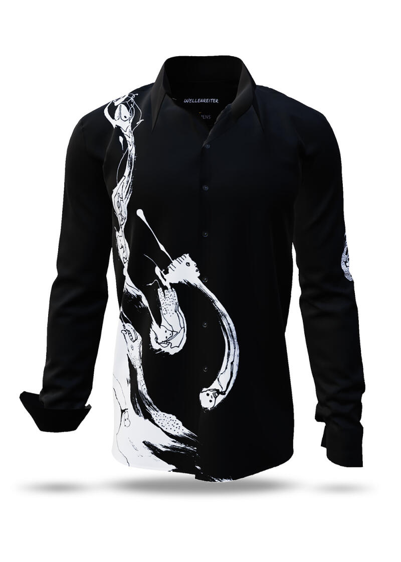 WELLENREITER - Black long-sleeved shirt with white design - GERMENS artfashion - Unusual long sleeve shirt in 10 sizes - Made in Germany