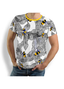 black white T-shirt men with colored bees BEENIUS - 100 %...