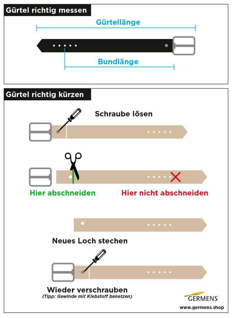 Finden Sie die perfekte Bundlänge für Ihren GERMENS-Gürtel und beauftragen Sie die Kürzung des Gürtels.