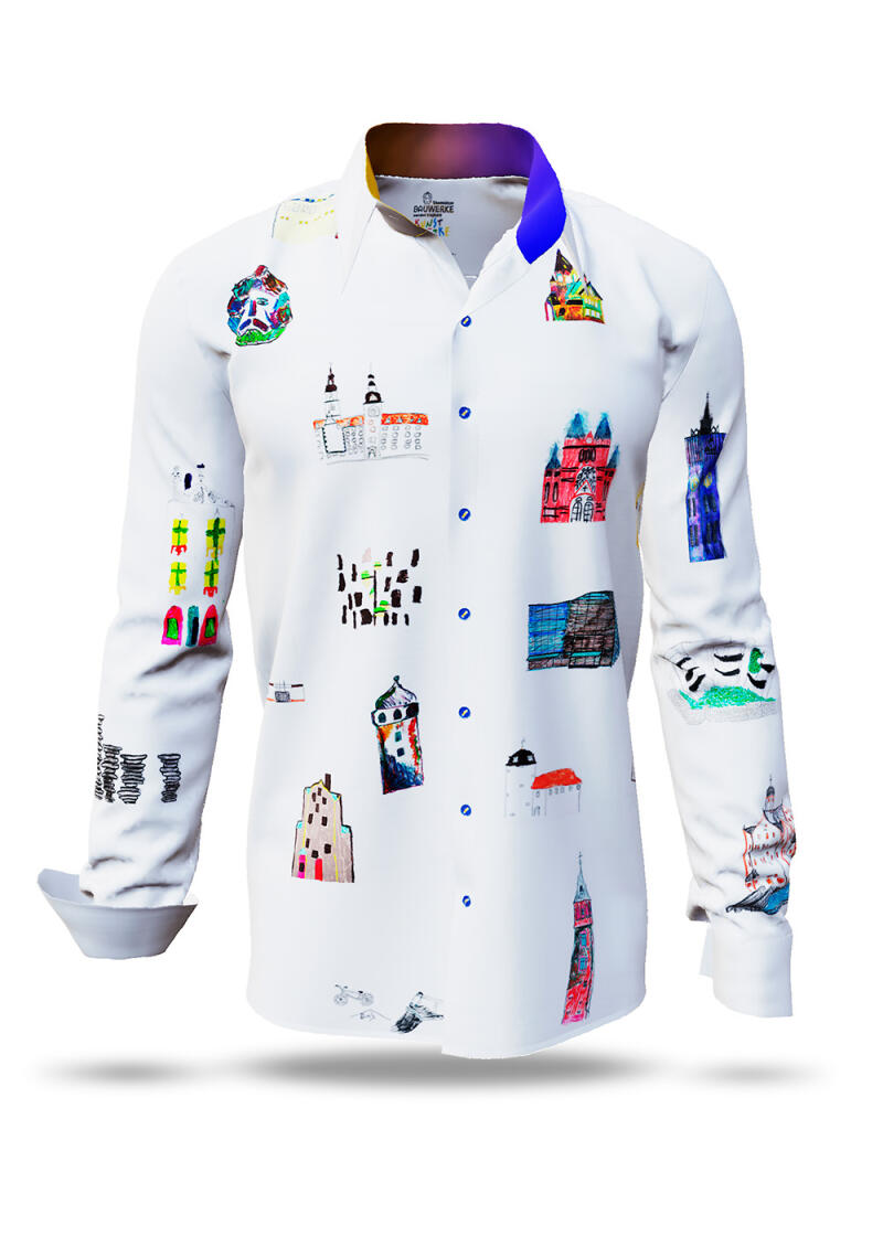 Shirt for men CHEMNITZER BAUWERKE by GERMENS artfashion made of 100 % cotton with many buildings, structures and sculptures of Chemnitz